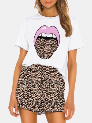 Women Funny Leopard Print Round Neck Short Sleeve Breathable Pajama Set