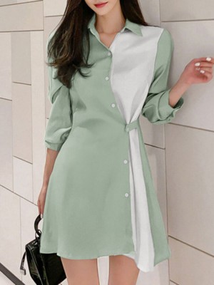 Contrast Color Irregular Button Lapel 3 4 Sleeve Shirt Dress