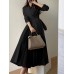 Solid Pleated Tie Long Sleeve Lapel A  line Shirt Dress