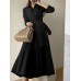 Solid Pleated Tie Long Sleeve Lapel A  line Shirt Dress