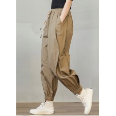 Casual Khaki Pockets elastic waist drawstring harem Pants Spring