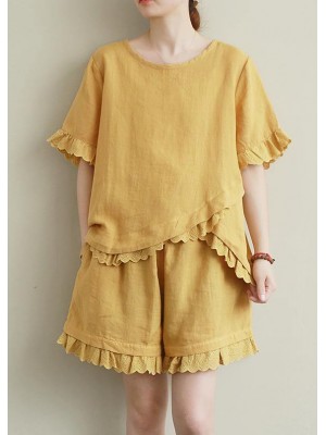 Literary yellow suit lace lace irregular round neck short sleeve shorts two-piece suit