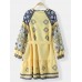 Plus Size Bohemia Vintage Print Tassel Puff Sleeve Floral Dress with Belt
