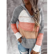 Women Autumn Stripe Print V  neck Hooded Daily Casual Knitted Sweater