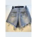 Slim Fit Blue Asymmetrical Design Tassel Diamond Cotton Denim Shorts