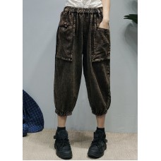 Loose Black elastic waist Pockets Linen Pants Spring