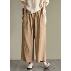 Loose Dark Khaki elastic waist drawstring Linen wide leg pants Spring