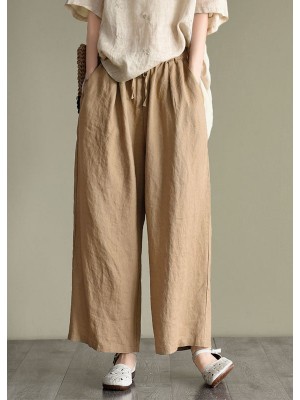 Loose Dark Khaki elastic waist drawstring Linen wide leg pants Spring