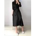 Solid Cross Front Tie Pleated Long Sleeve Lapel Shirt Dress