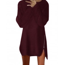 Solid Color Knit Sweaters Long Sleeve Side Zipper Loose Casual Mini Dress