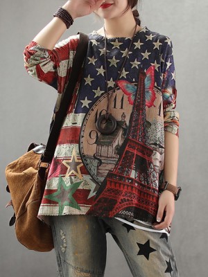 Women Flag Print Knit Long Sleeve Casual Sweaters