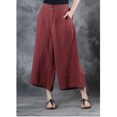 2019 red loose linen pants fall women pockets wide leg pants