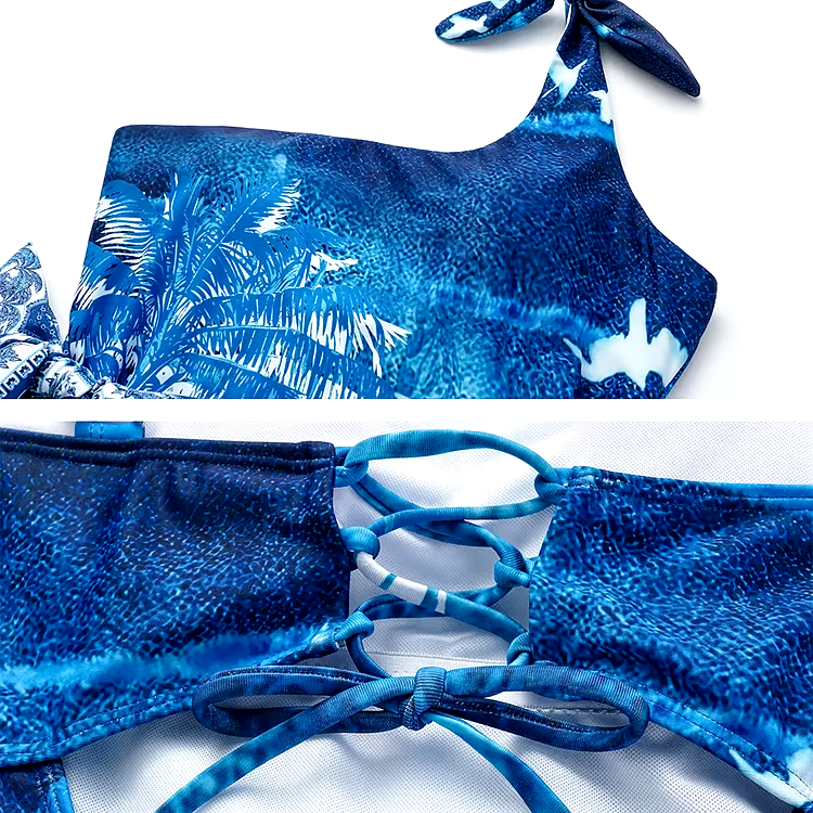 One Shoulder Print One Piece Swimsuit Set