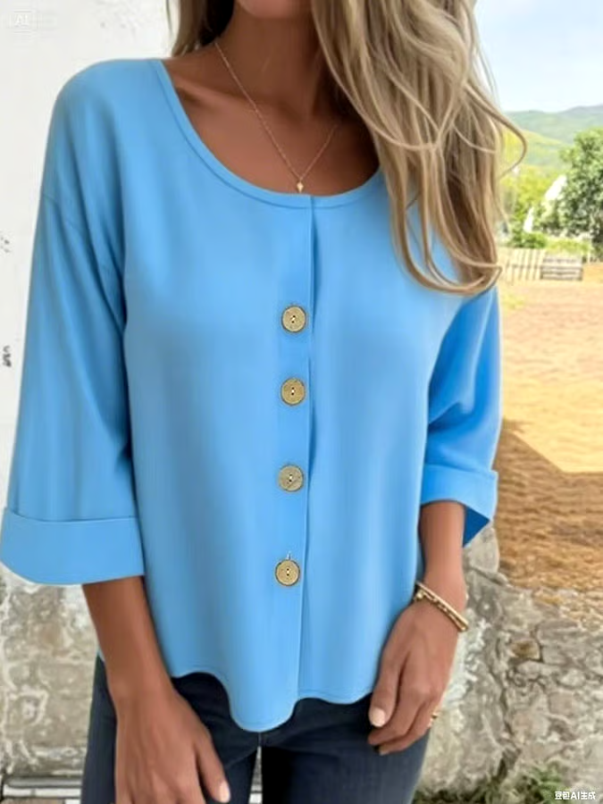 Women's Casual Solid Color V-Neck Mid-Sleeve Cotton and Linen Top