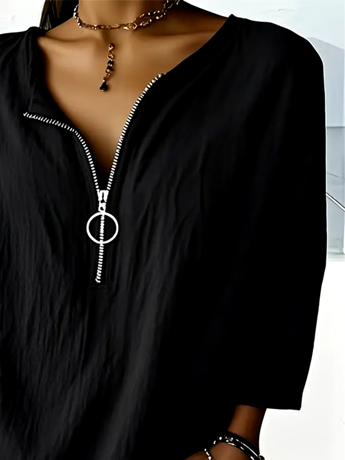 Women's Casual Solid Color Zipper Three-quarter Sleeve Cotton and Linen Shirt Women's Casual Solid Color Zipper Three-quarter Sleeve Cotton and Linen Shirt