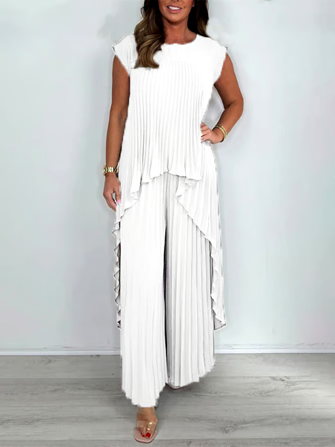 Women'S Solid Color Round Neck Pleated Top Straight Trousers Two-Piece Set Women'S Solid Color Round Neck Pleated Top Straight Trousers Two-Piece Set