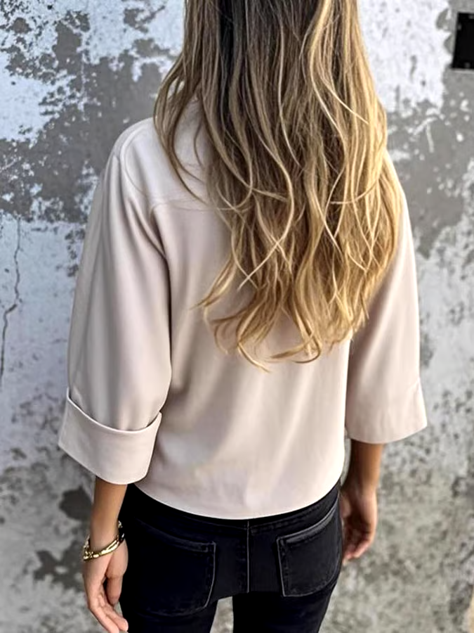 Women's Casual Solid Color V-Neck Mid-Sleeve Cotton and Linen Top