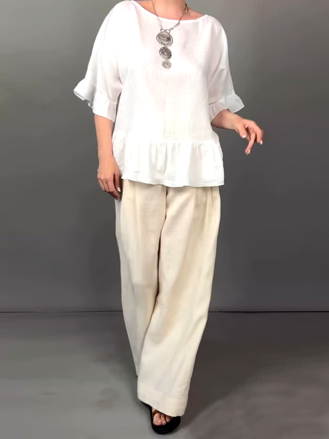 Women's Casual Solid Color Ruffled Top Contrast Color Cotton and Linen Two-piece Set