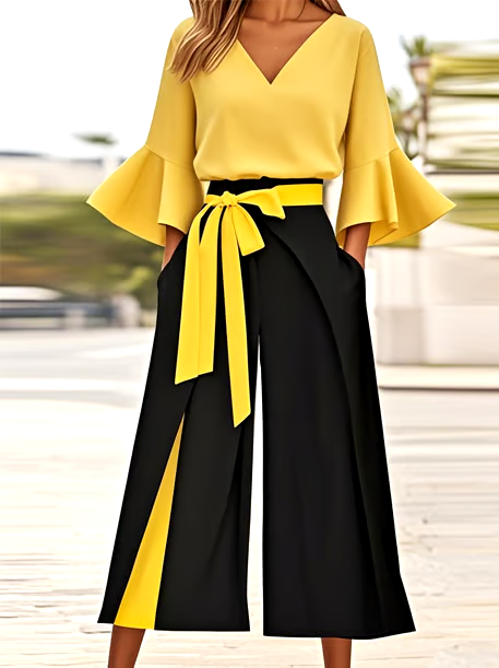 Women'S Casual V-Neck Trumpet Sleeve Contrast Color Two-Piece Suit Women'S Casual V-Neck Trumpet Sleeve Contrast Color Two-Piece Suit