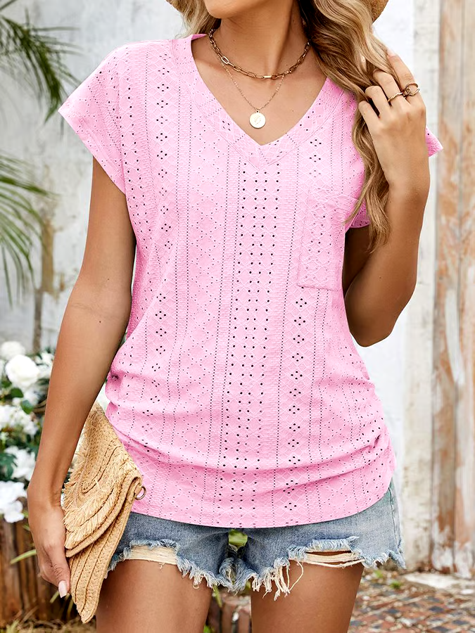 Women'S Casual Solid Color V-Neck Pocket Short Sleeve T-Shirt Women'S Casual Solid Color V-Neck Pocket Short Sleeve T-Shirt