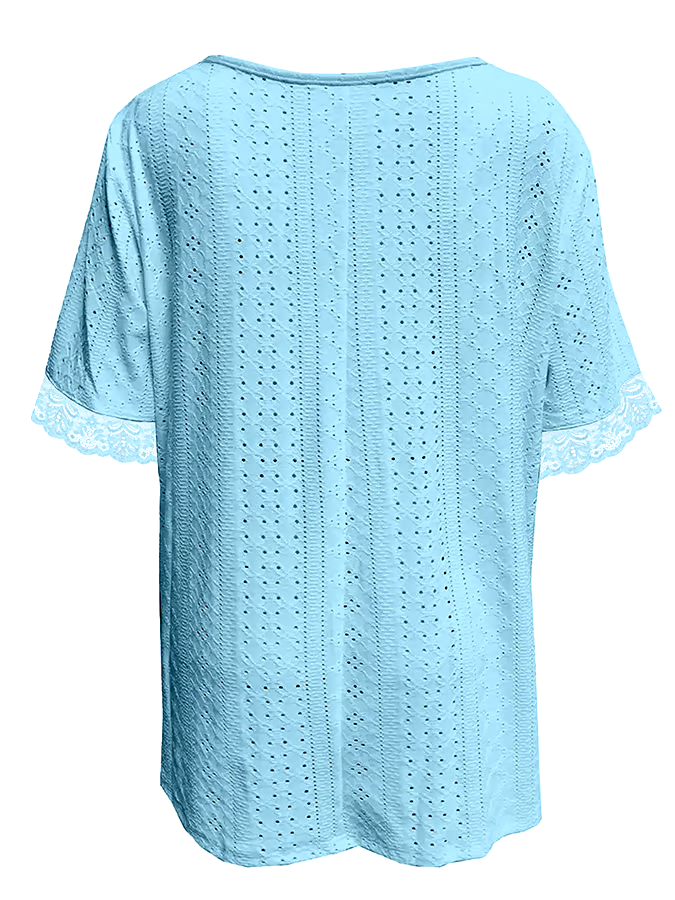 Women's solid color V-neck loose short-sleeved pleated T-shirt