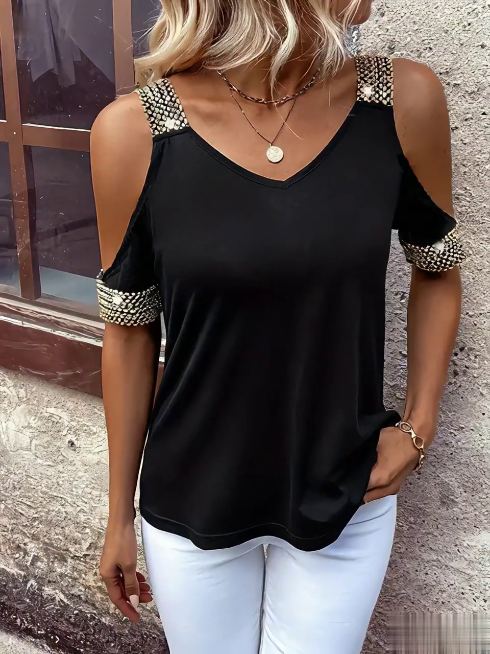 Women'S Solid Color Off-Shoulder Metal Stitching Short-Sleeved Top Women'S Solid Color Off-Shoulder Metal Stitching Short-Sleeved Top
