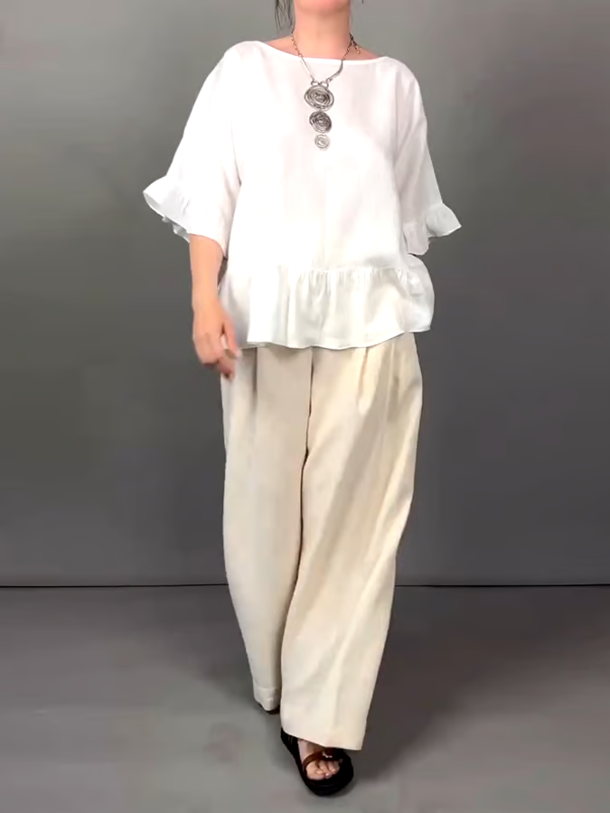 Women's Casual Solid Color Ruffled Top Contrast Color Cotton and Linen Two-piece Set