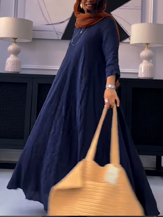 Women's Casual Solid Color V-Neck Long Sleeve Cotton and Linen Dress Women's Casual Solid Color V-Neck Long Sleeve Cotton and Linen Dress