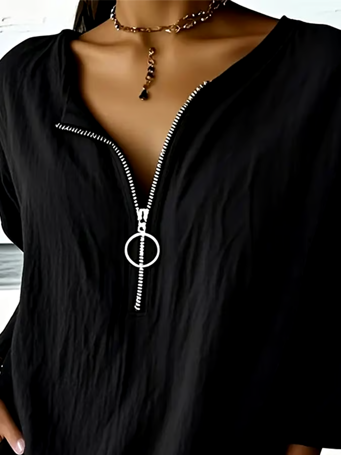 Women's Casual Solid Color Zipper Three-quarter Sleeve Cotton and Linen Shirt Women's Casual Solid Color Zipper Three-quarter Sleeve Cotton and Linen Shirt