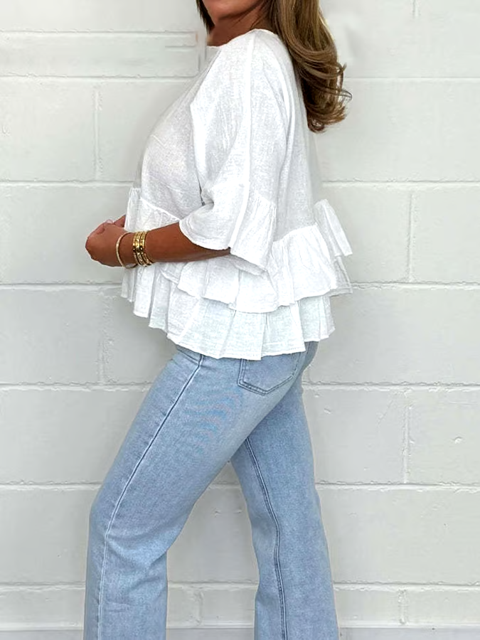 Women'S Solid Color Round Neck Ruffled Cotton And Linen Top Women'S Solid Color Round Neck Ruffled Cotton And Linen Top