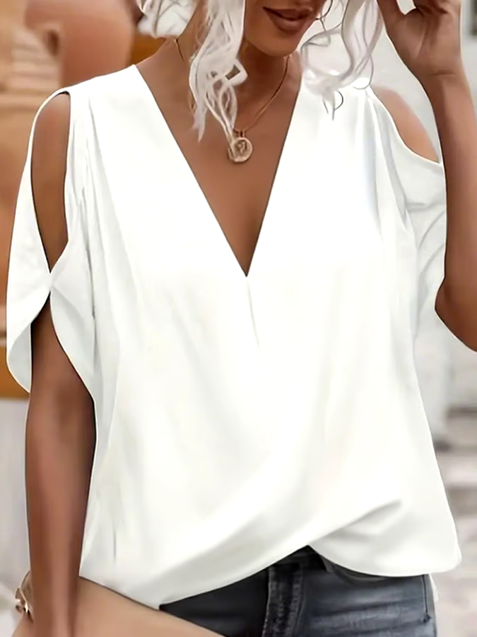 Women's Casual Solid Color Off Shoulder V Neck T-Shirt