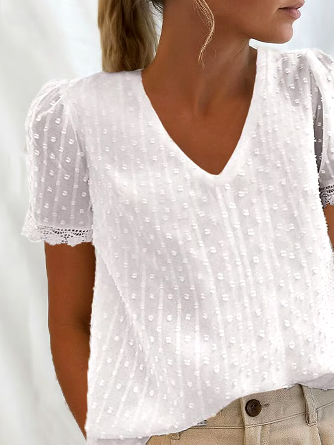 Women's Casual Solid Color V-Neck Short Sleeve Polka Dot Lace Top