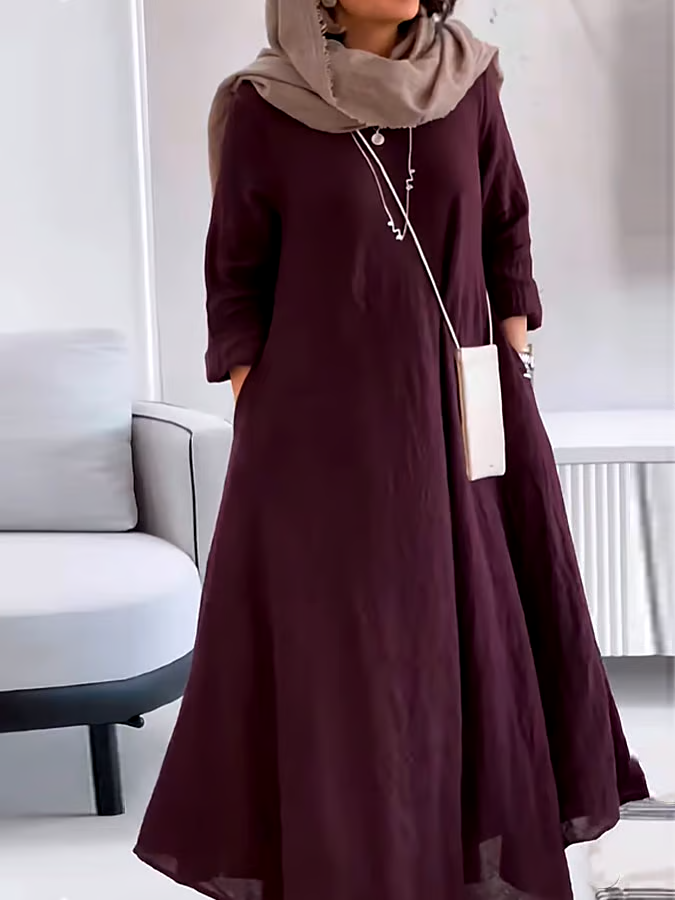 Women's Casual Solid Color V-Neck Long Sleeve Cotton and Linen Dress Women's Casual Solid Color V-Neck Long Sleeve Cotton and Linen Dress