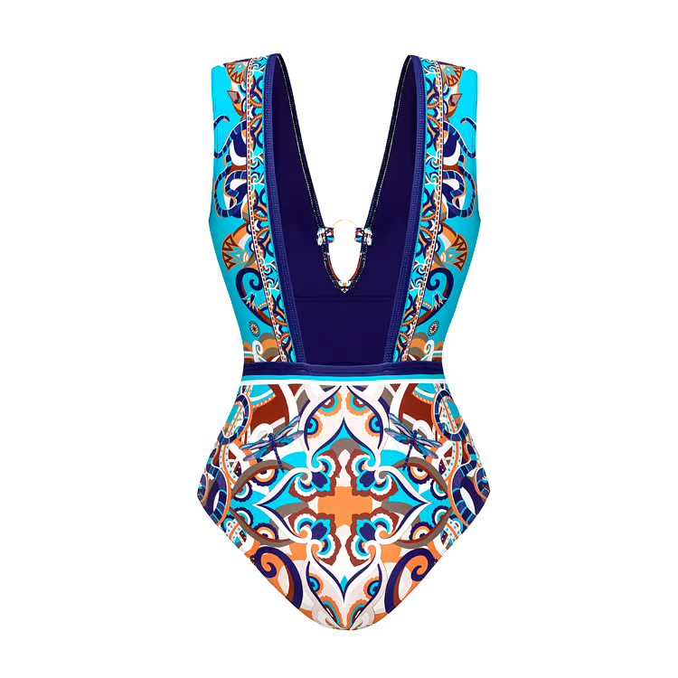 V Neck Print Mini Skirt Swimsuit Set