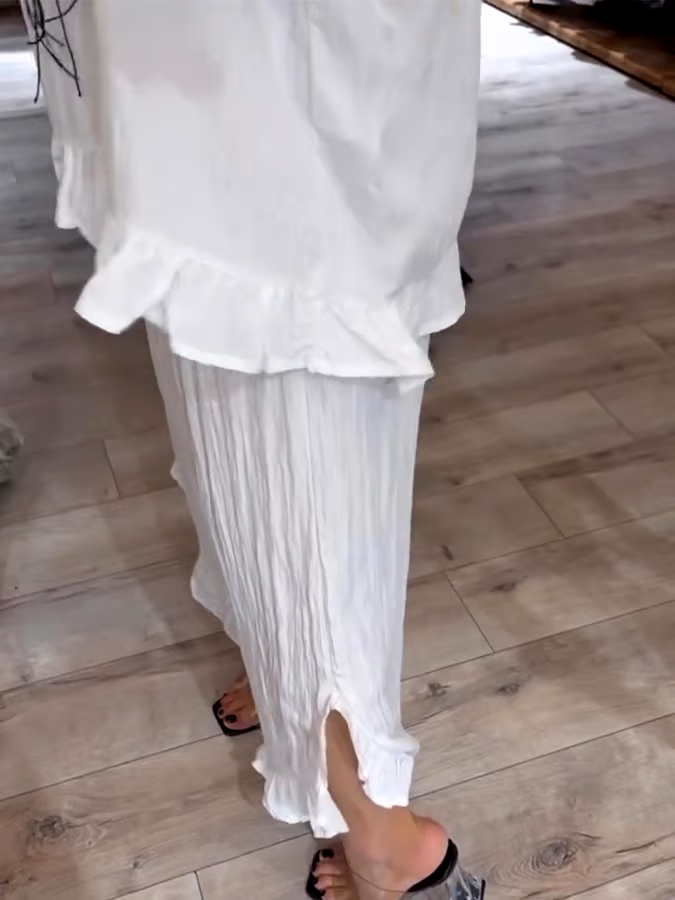 Women'S Solid Color Round Neck Lotus Leaf Sleeve Pleated Casual Set Women'S Solid Color Round Neck Lotus Leaf Sleeve Pleated Casual Set