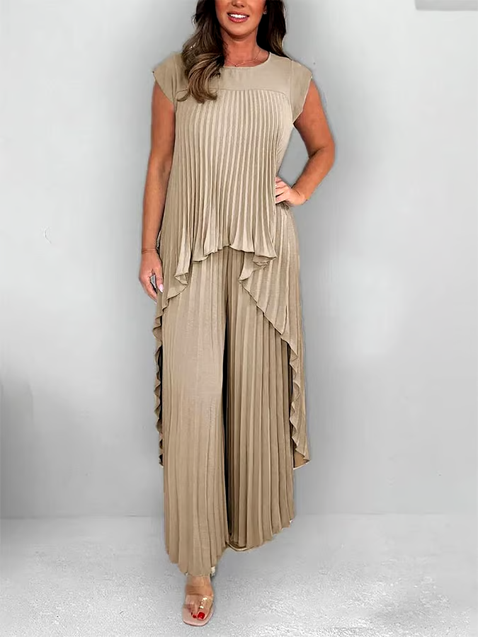Women'S Solid Color Round Neck Pleated Top Straight Trousers Two-Piece Set Women'S Solid Color Round Neck Pleated Top Straight Trousers Two-Piece Set
