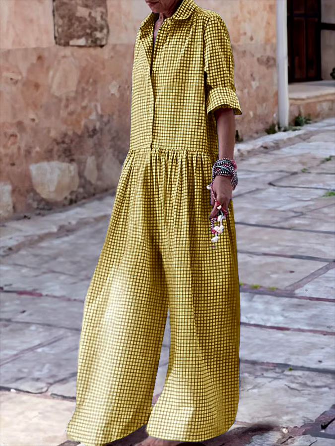 Women's Vintage Classic Plaid Long Sleeve Pocket Shirt Jumpsuit Women's Vintage Classic Plaid Long Sleeve Pocket Shirt Jumpsuit