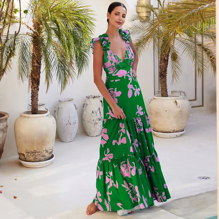 DBVACAY Ruffled Strap Printed One Piece Flared Skirt Swimsuit Set