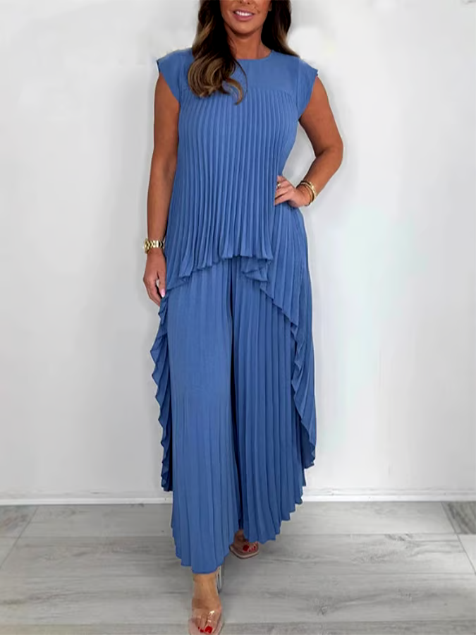Women'S Solid Color Round Neck Pleated Top Straight Trousers Two-Piece Set Women'S Solid Color Round Neck Pleated Top Straight Trousers Two-Piece Set