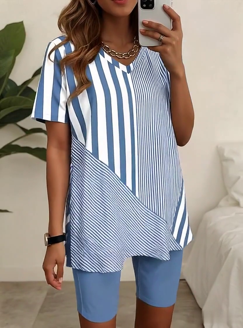 Women'S Loose Striped Slit Top Shorts Set Women'S Loose Striped Slit Top Shorts Set