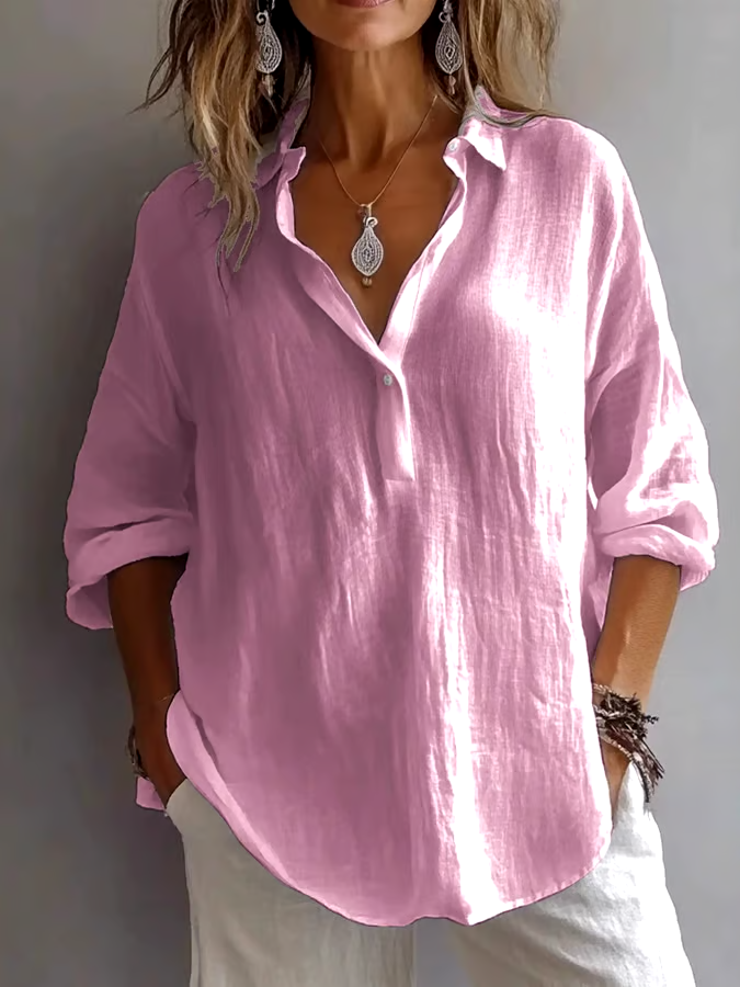 Women's Casual Solid Color Loose Long Sleeve Linen Lapel Shirt Women's Casual Solid Color Loose Long Sleeve Linen Lapel Shirt