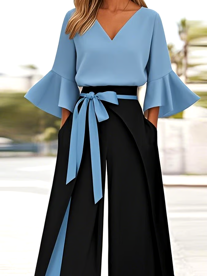 Women'S Casual V-Neck Trumpet Sleeve Contrast Color Two-Piece Suit Women'S Casual V-Neck Trumpet Sleeve Contrast Color Two-Piece Suit