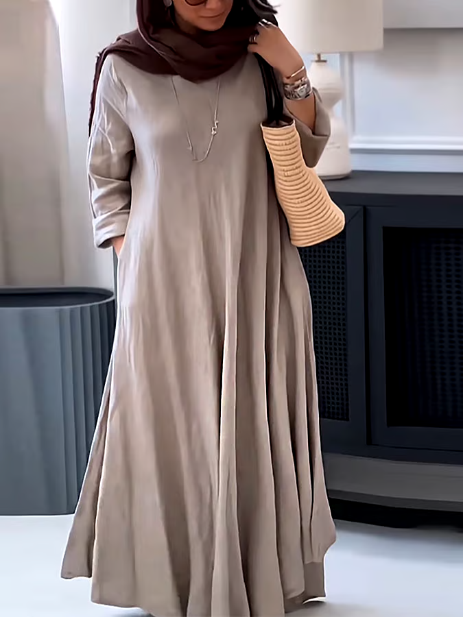 Women's Casual Solid Color V-Neck Long Sleeve Cotton and Linen Dress Women's Casual Solid Color V-Neck Long Sleeve Cotton and Linen Dress