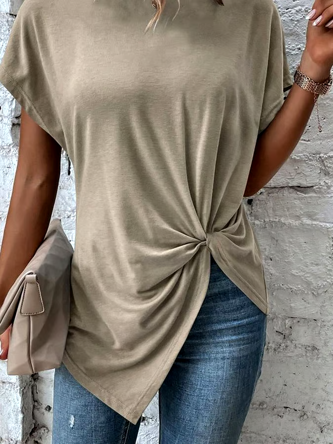 Women's Casual Solid Color Pleated Round Neck Short Sleeve Top