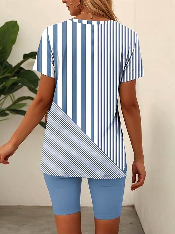 Women'S Loose Striped Slit Top Shorts Set Women'S Loose Striped Slit Top Shorts Set