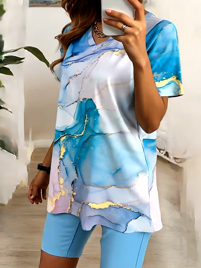 Women'S Loose Printed V-Neck Top And Shorts Set Women'S Loose Printed V-Neck Top And Shorts Set