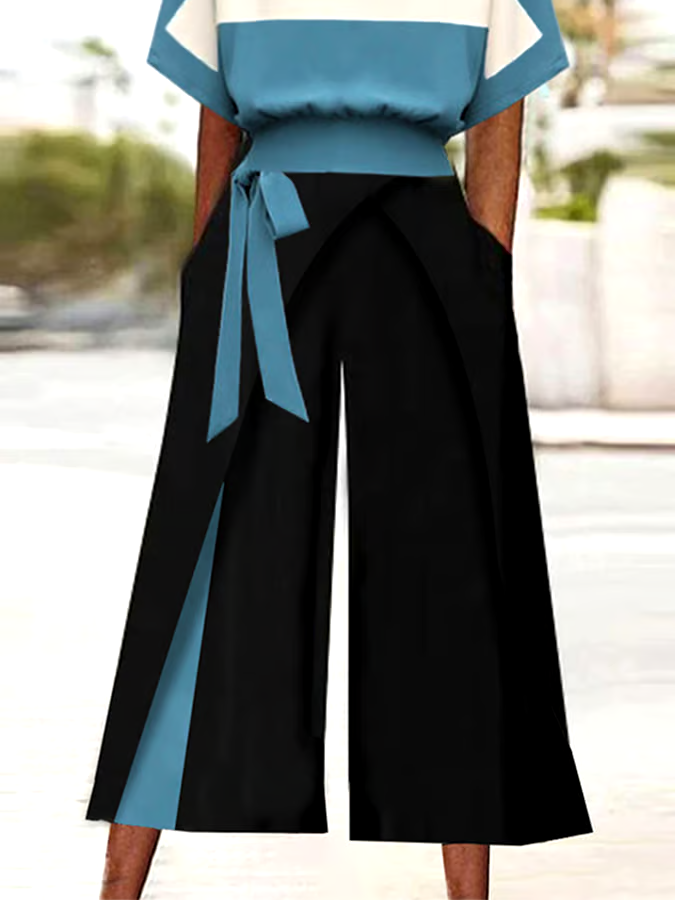 Women's Casual Round Neck Contrast Color Pants Two-Piece Set Women's Casual Round Neck Contrast Color Pants Two-Piece Set