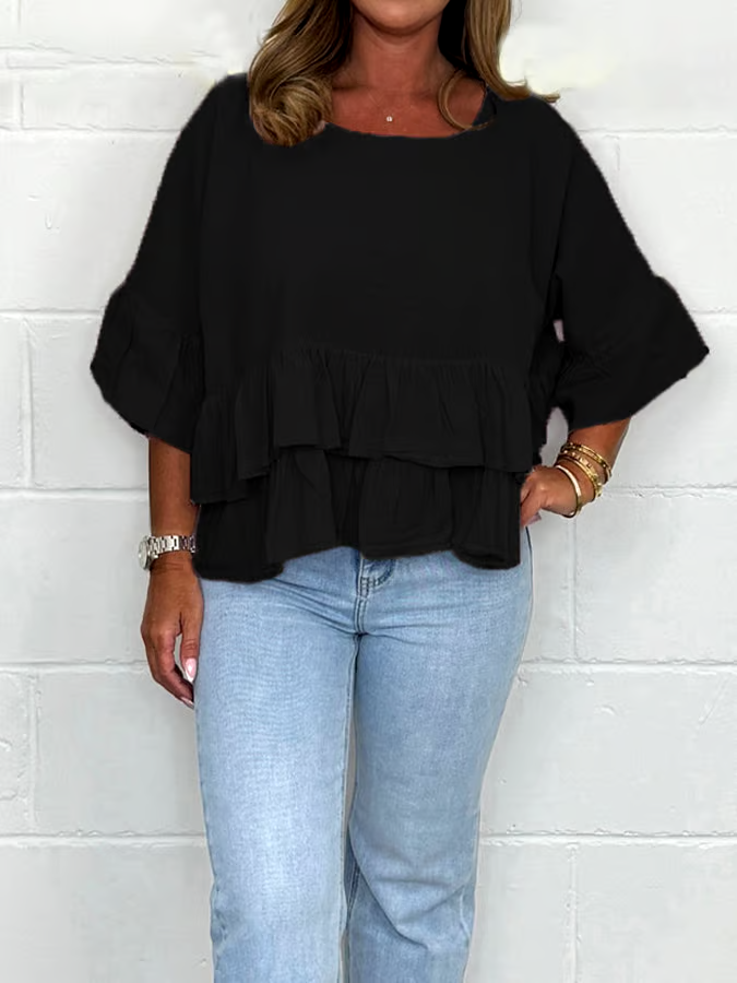 Women'S Solid Color Round Neck Ruffled Cotton And Linen Top Women'S Solid Color Round Neck Ruffled Cotton And Linen Top