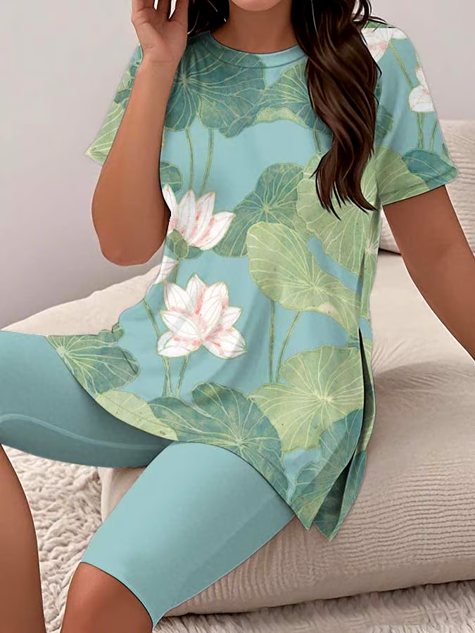 Women's Casual Round Neck Print Short Sleeve T-Shirt Shorts Set Women's Casual Round Neck Print Short Sleeve T-Shirt Shorts Set