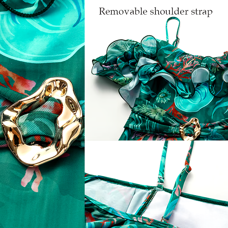 Removable Shoulder Strap Off Shoulder Marine Organism One Piece Swimsuit Set